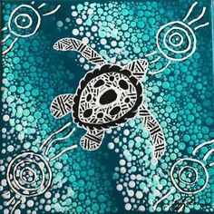 a painting of a sea turtle on a blue background with white circles and swirls