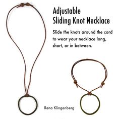 two necklaces are shown with the words adjustable sliding knot necklace