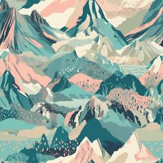 an abstract mountain scene with blue, pink and green mountains in the foregrounds