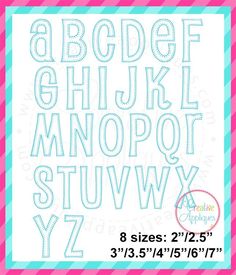 the alphabet machine embroidery pattern is shown in blue and pink with white trimmings