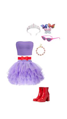 a purple dress and red boots with accessories on the floor in front of a white background