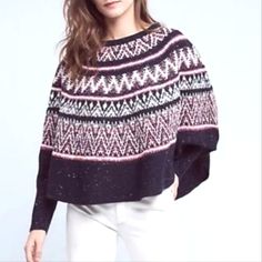 Anthropologie Sleeping Snow Wide Poncho Style Sweater With Dolman Sleeves, Pullover, Scoop Neck. This Cozy, Oversized, Stretchy, Comfortable Knit Sweater Is In A Vibrant Color Combination Of Navy Blue Pink And White With A Beautiful Pattern Design. It Has Acrylic, Wool, Cotton Blend New With Tags Pink Fair Isle Pattern Top For Fall, Pink Fair Isle Pattern Sweater, Pink Poncho, Sweater Poncho, Unique Sweaters, Fringed Poncho, Poncho Style, Fair Isle Pattern, Fair Isle Knitting