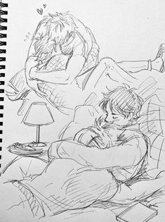 a drawing of two people sitting next to each other on a bed with a lamp in front of them