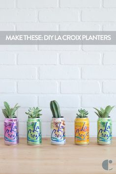 four cans with plants in them sitting on a table