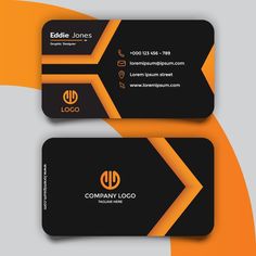 two black and orange business cards with an arrow on the bottom, one is yellow