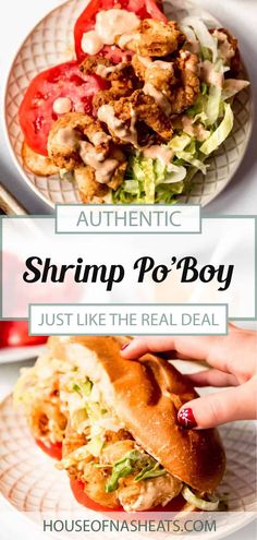 the ultimate shrimp po'boy sandwich with lettuce, tomato and chicken on it