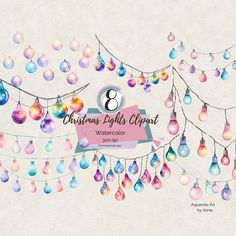 christmas lights clipart with watercolor ornaments