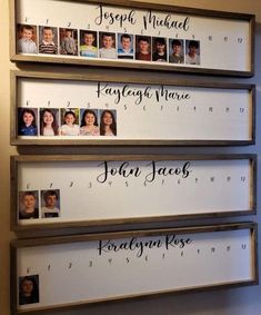 three framed family photos hanging on the wall with names and dates in different languages,