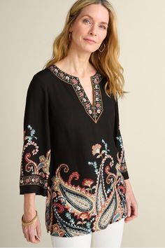 We took this tunic up a notch with a vibrant floral-paisley print, artfully placed along the split neckline, sleeves and hem. And on a carefree crepe fabric, the colorful design really sings adding instant specialness to everyday outfits. Leggings or jeans, it pairs flawlessly for limitless ways to wear, no matter the season! Vibrant Print V-neck Tunic, Paisley Print 3/4 Sleeve Summer Top, Paisley Print Summer Top With 3/4 Sleeves, Summer Tops With Paisley Print And 3/4 Sleeves, Summer Paisley Print Top With 3/4 Sleeves, Everyday Outfits Leggings, Outfits Leggings, Paisley Art, Soft Surroundings