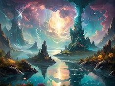 an image of a fantasy landscape that looks like it is floating in the air and surrounded by water