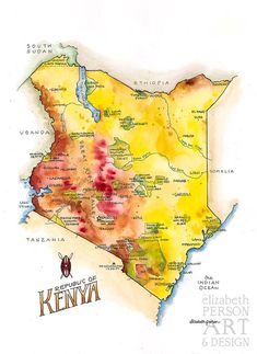 a watercolor map of kenya with the capital and major cities on it's borders