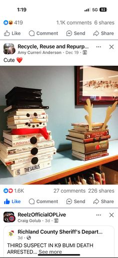 two stacks of books sitting on top of a table