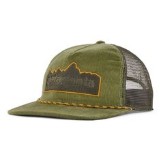 a green trucker hat with mountains embroidered on the front