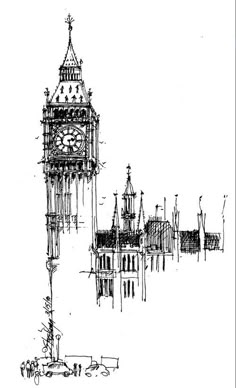 a black and white drawing of a tower with a clock on it's side