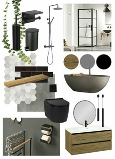 the bathroom is decorated in black and white, with wood accents on the walls to give it an industrial feel