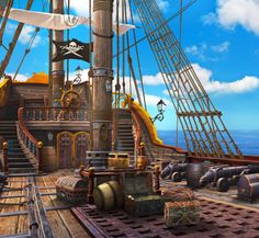 an animated pirate ship in the ocean with lots of barrels and other items around it