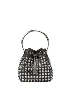 black EcoVero™ blend logo-engraved silver-tone hardware silver-tone stud embellishment drawstring fastening single circular top handle chain-link shoulder strap Bridal Flat Sandals, Statement Handbag, Mini Bucket Bag, Satin Clutch, Satin Noir, Bridesmaid Bags, Crystal Bags, Mini Bucket Bags, Mini Bucket