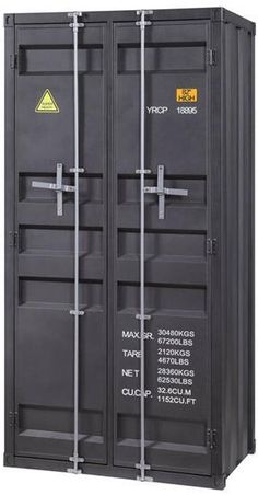 two large metal storage containers with labels on the doors and side panels, each containing different types of items