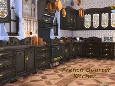 an old fashioned kitchen is decorated in black and gold colors, with the words french quarter kitchen above it