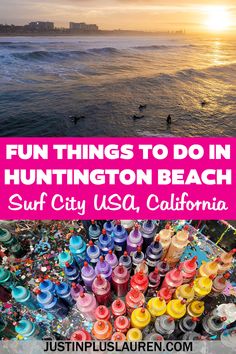 the sun is setting and there are many things to do in huntington beach, california