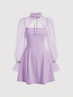 Women's Mesh Splice Hollow Out Lace-Up Date Night Dress Mauve Purple Elegant  Long Sleeve Woven Fabric Plain A Line Non-Stretch  Women Clothing, size features are:Bust: ,Length: ,Sleeve Length: Light Purple Dress Short Hoco, Aesthetic Clothes Purple, Light Purple Dress Outfit, Light Purple Clothes, Purple Dresses Short, Dress Ungu, Elegant Purple Dress, Short Purple Dress, Purple Dress Outfit