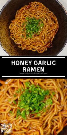 two pictures showing different types of food in the same bowl and one with noodles on it