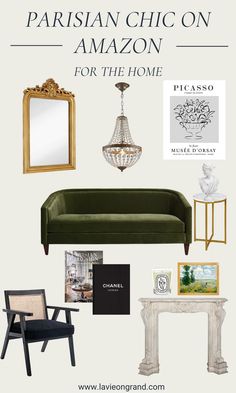 Graphic of home items to turn your home into a Parisian chic space. French Amazon Finds, Paris Home Aesthetic, Parisian Chic Style Home, Parisian Chic Home, Interior Design Parisian Style, French Home Design, Parisian Style Living Room, Parisian Apartment Aesthetic, Modern Parisian Interior