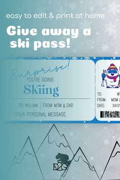 You can see a gift voucher in the colour white with blue lettering and a blue border. You can personalise details such as the place, date, name and a cute yeti with skis. Gift Certificate Template, Gift Vouchers, Certificate Templates, Change Text, Ski Trip