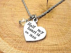 Half my heart is in Iran necklace.  Choose your color crystal. Hand cast pewter. All American made. 20 inch rope necklace. Iran Necklace, All American, Rope Necklace, Hand Cast, Color Crystal, Jewelry Projects, Stainless Steel Chain, American Made, Chain Styles