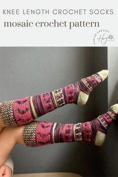 the legs of a woman wearing socks with colorful designs on them and text overlay that reads, knee length crochet socks mosaic crochet pattern