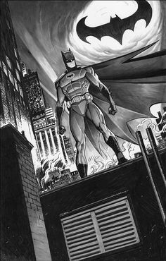 a black and white drawing of a batman standing on top of a building in the city