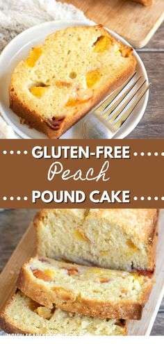 gluten - free peach pound cake on a plate with a slice cut out