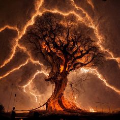 a large tree with lightning in the background