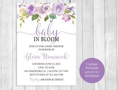 the baby in bloom shower card is shown with purple flowers and greenery on it