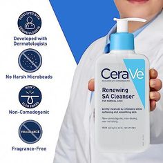 Brand: CeraVeColor: WhiteFeatures: [ EXFOLIATING FACE WASH ] Salicylic acid (SA) is a beta hydroxy acid (BHA), an effective exfoliator that removes dead skin cells and promotes radiance. Salicylic acid acts as a chemical exfoliant which feels less harsh than physical ones like face scrubs [ FOAMING CLEANSER ] Dispenses Cerave Sa Cleanser, Bha Exfoliant, Salicylic Acid Cleanser, Rough Bumpy Skin, Exfoliating Face Wash, Daily Face Wash, Exfoliating Face, Bumpy Skin, Acne Cleansers