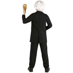 an older man in a black suit and white hair holding a golden object