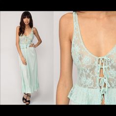 Pastel Lingerie Nightgown Slip Dress 70s Lace Up Maxi Sheer Nylon Seafoam Blue Peplum High Waist Vintage Bohemian Small Medium Lace Bodice,Peplum Hem,Ties Up The Chest. Maxi Length. Model Is 5’9”,Measures 32-23-35. Best Fits: Small To Medium Condition: Very Good Vintge W/Light General Wear, Few Tiny Faint Spots On Skirt Feels Like Nylon With Sheer Lace Bodice Taken From Seam To Seam While The Garment Is Lying Flat. Length From Top: 50“ Armpit To Armpit: 17-18“ Waist: 13-15” Hips: 20.5“ Pastel Lingerie, Lingerie Nightgown, Seafoam Blue, Dress 70s, 70s Dress, Peplum Hem, Lace Bodice, Top 50, Vintage Bohemian