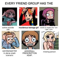 some cartoon characters with different facial expressions and words that say, every friend group has the same