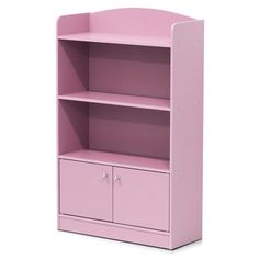 a pink bookcase with two doors and drawers