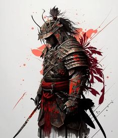 a painting of a man in armor with two swords and blood splatters on the background