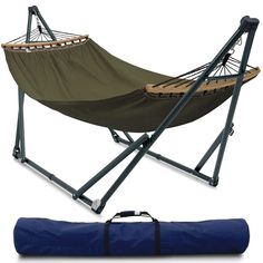 a hammock with a blue bag next to it