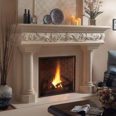 Shown in Natural Stone Finish Fireplace Farmhouse, Cast Stone Fireplace, Fireplace Stone, Stone Fireplace Mantel, Stone Mantel, Fireplace Mantel Shelf, Stone Fireplaces, Fireplace Shelves, Limestone Fireplace