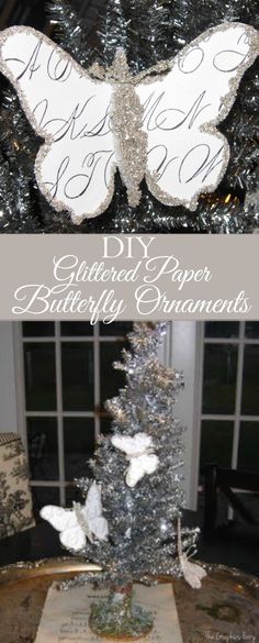 a christmas tree decorated with white butterflies and silver tinsel