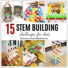 These STEM Building Challenges for Kids are great for building skills in Math, Technology and Engineering, & they're super fun for all age groups! Stem Challenges For Kids, Challenges For Kids, Stem Building, Recycling For Kids, Steam Ideas, Stem Classroom, Stem Challenge