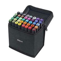 a black case filled with lots of colorful crayons in it's holder