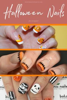 Halloween Tips Nails, Holween Ideas Nails, Natural Nail Halloween Designs, Halloween Fingernails Designs, Easy Halloween Nail Designs Step By Step, Squoval Nail Art, Halloween Nail Designs Simple, Cute Nails For Halloween