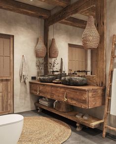 a rustic bathroom with wood accents and natural lighting