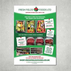 a flyer for fresh foods with pictures of meats, vegetables and other food items