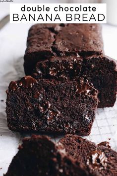 double chocolate banana bread is cut in half and sitting on a white plate with the words, double chocolate banana bread