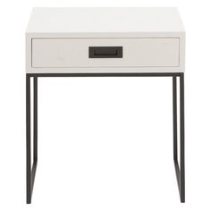 a white table with black legs and a drawer on the top, against a white background